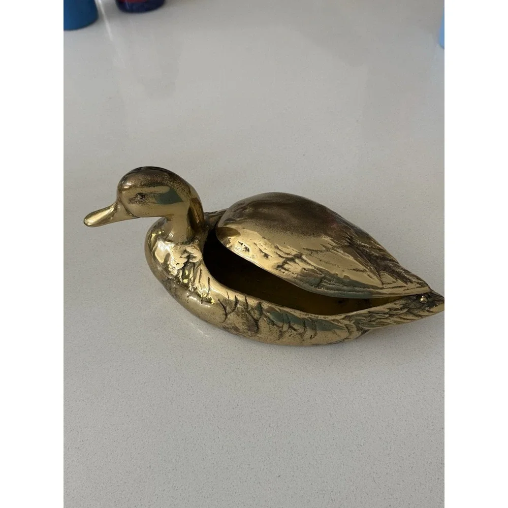 Vintage Large Brass Duck Decoy Trinket Storage Attached Top 12